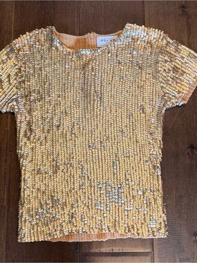 Vintage Oscar de la Renta Gold Sequin Top Handmade 100% cotton knit
